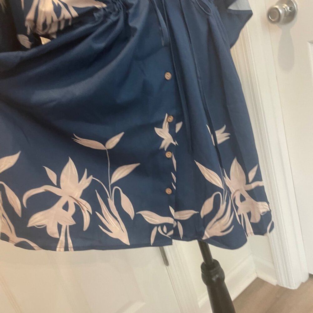 CUPSHE DRESS OVERSIZED SZ M  FLARED SLEEVES NAVY BLUE TAN BEACHY CHIC SUMMER - Picture 16 of 16